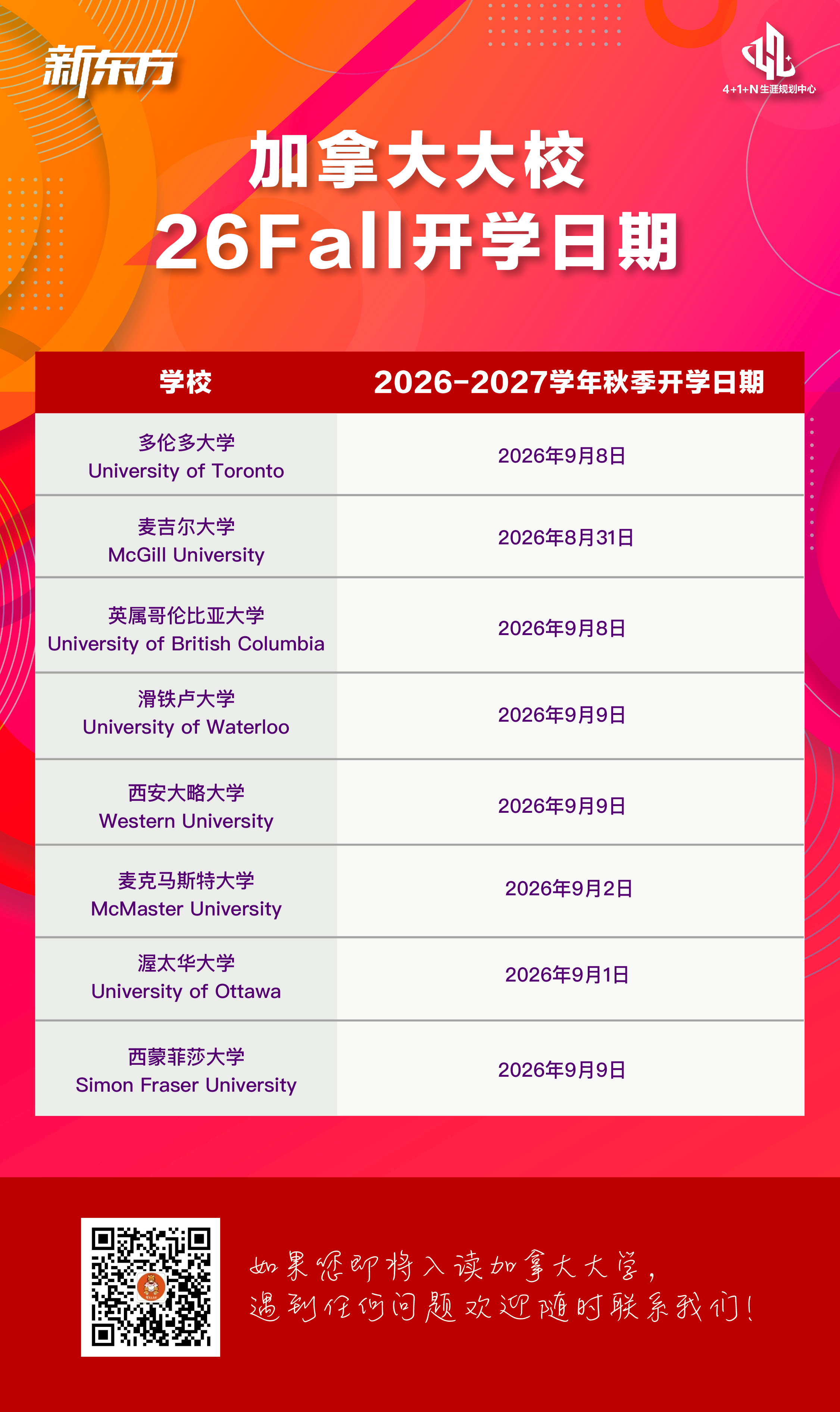 2026-2027学年加拿大主要大学秋季开学日期汇总
