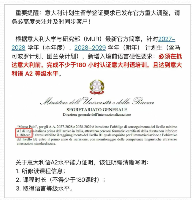重磅｜意大利留学签证迎来重大改革！这些学生出境前必须拿下意大利语 A2！