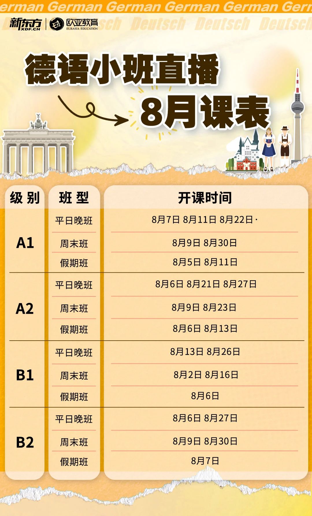 【小语种】8月新东方小语种直播课表：俄语/西语/德语/意大利语