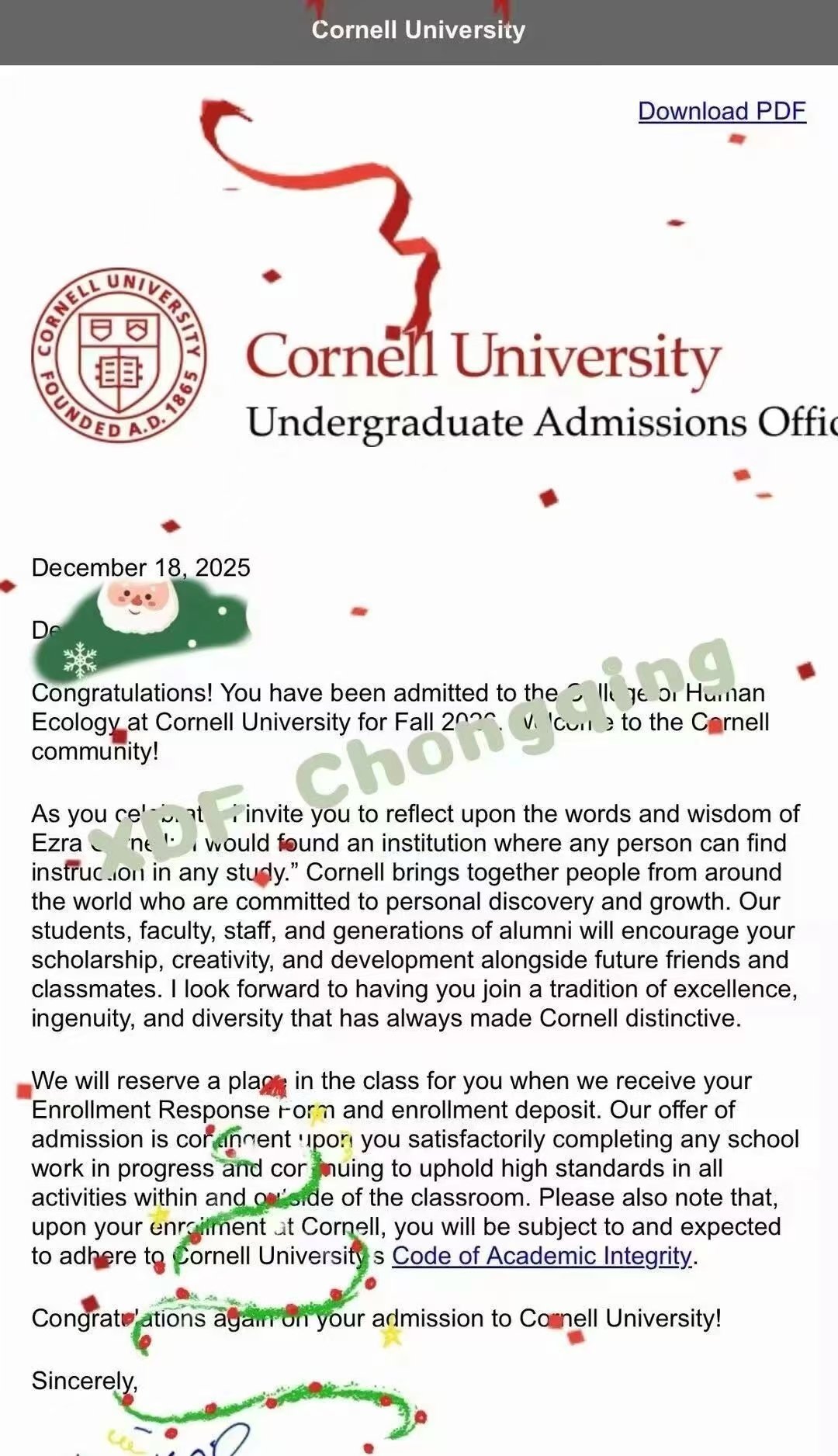 捷报！重庆唯一康奈尔大学录取 offer 出炉，新东方前途出国实力护航