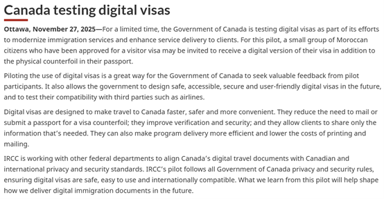 加拿大签证新消息：官方试点“数字签证”