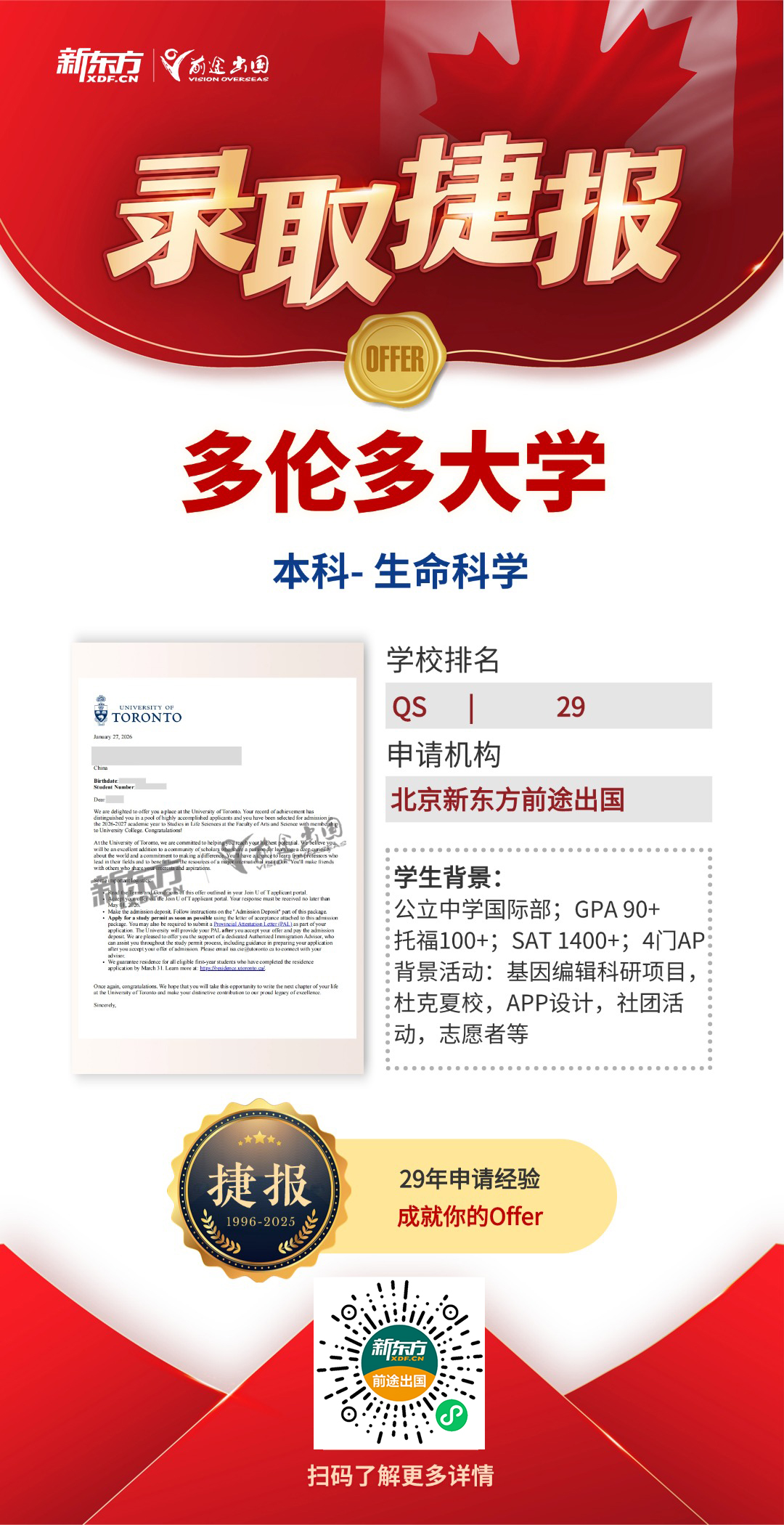 多伦多大学本科录取+72！累计赢得98万加币高额奖学金！