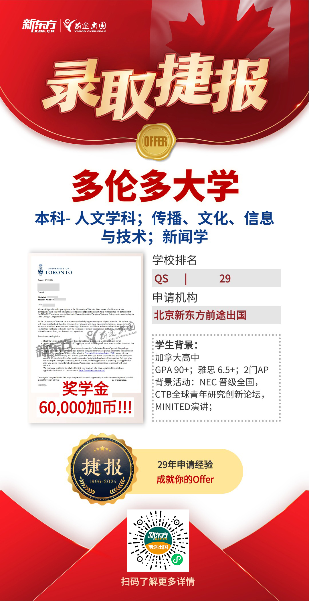 多伦多大学本科录取+72！累计赢得98万加币高额奖学金！