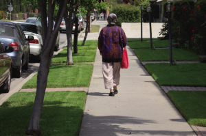 靠在街头讨钱过活的华裔老妪。(美国《侨报》/邱晨 摄)