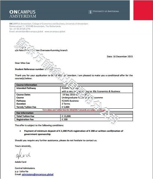 阿姆斯特丹大学offer展示-昆明新东方前途出国 阿姆斯特丹大学offer展示-昆明新东方前途出国