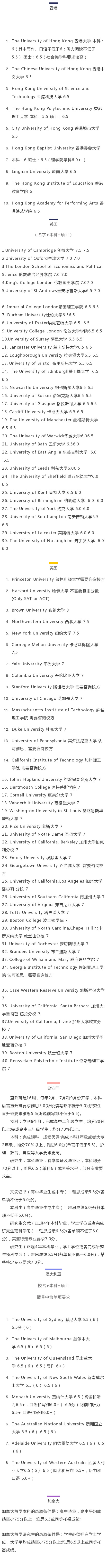 英美澳港加最新雅思成绩要求