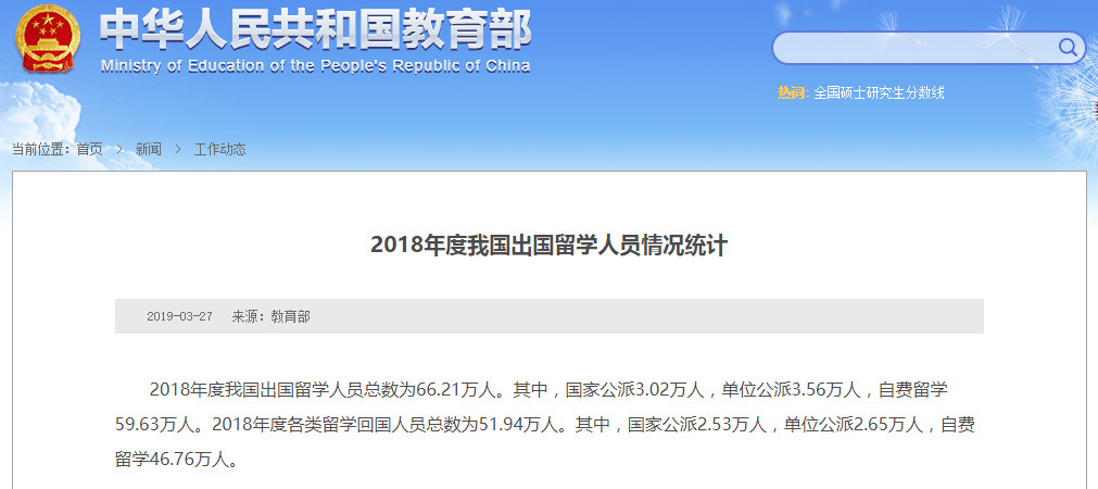 教育部：出国留学人数2018年已达66.21万