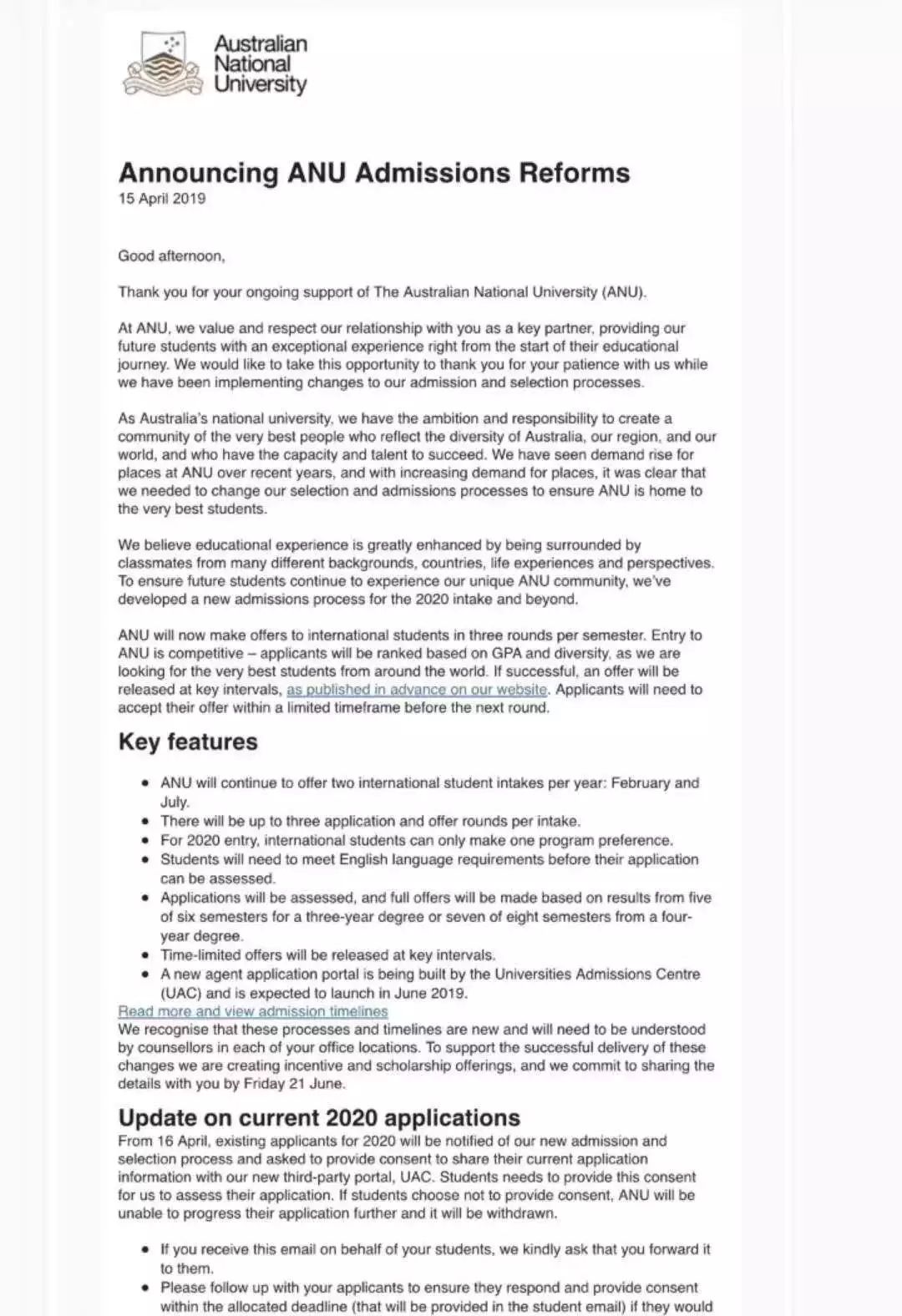 澳洲国立大学取消语言班 合格录取变择优录取 澳洲国立大学取消语言班 合格录取变择优录取