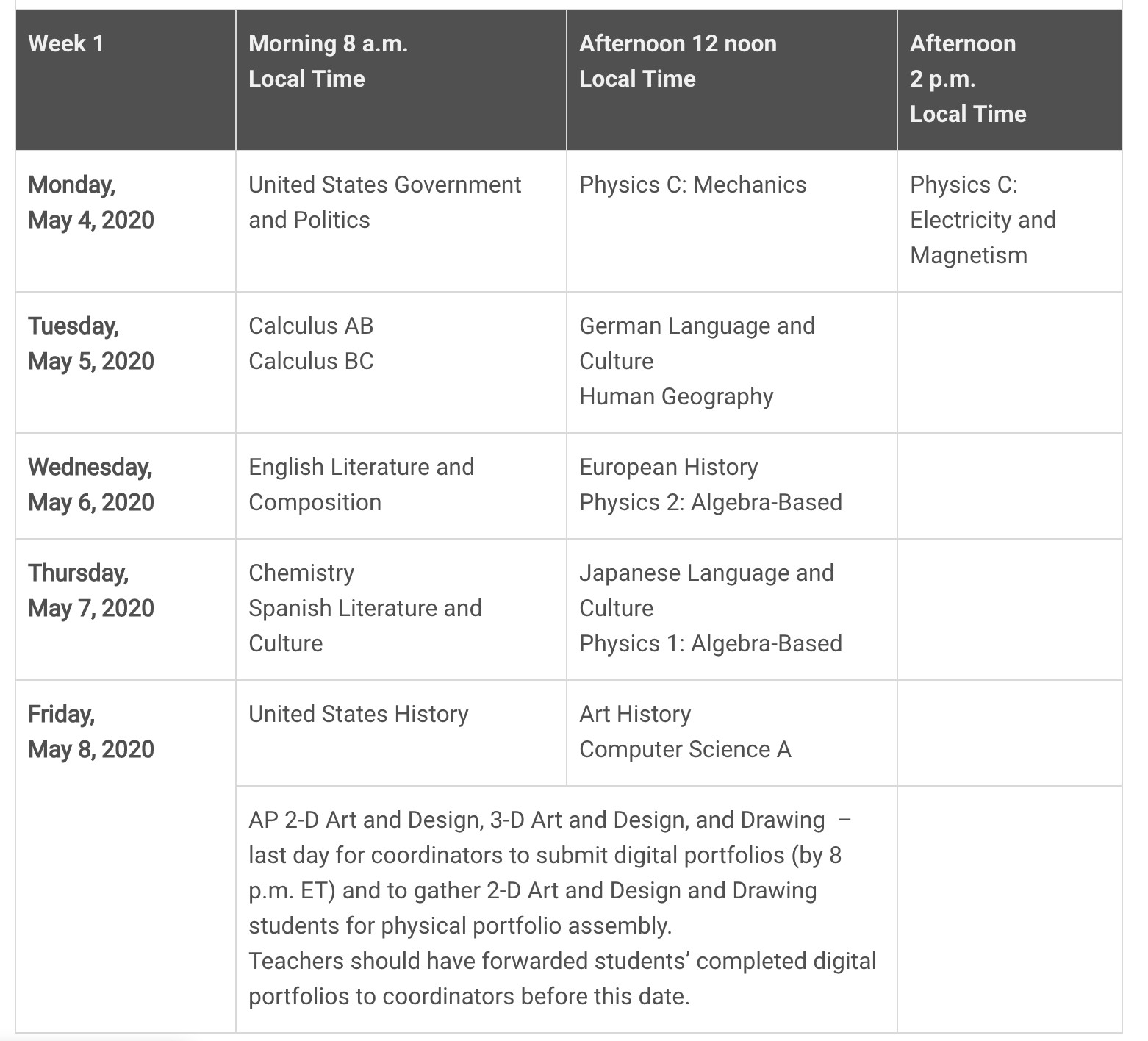 2020年AP各学科考试时间表公布! 2020年AP各学科考试时间表公布!