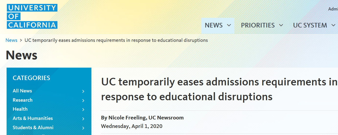 【招生变化】加州大学调整2021秋招生政策,暂时取消SAT托福仍为重点！