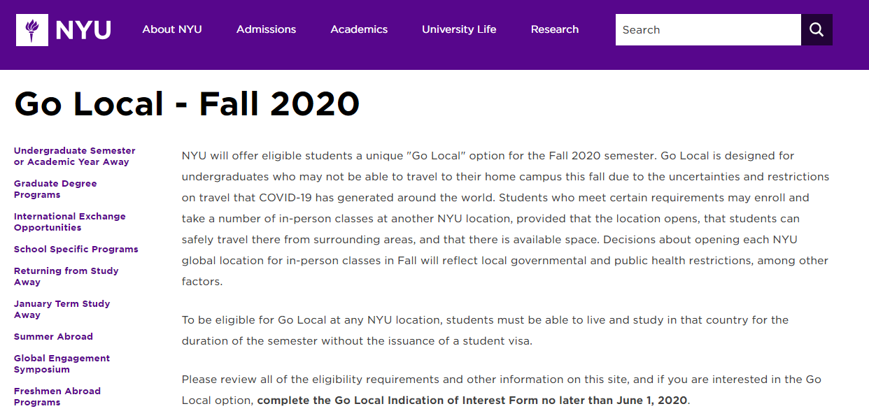 美国多所大学计划秋季开学NYU国际生可申请"Go Local"! 美国多所大学计划秋季开学NYU国际生可申请"Go Local"!