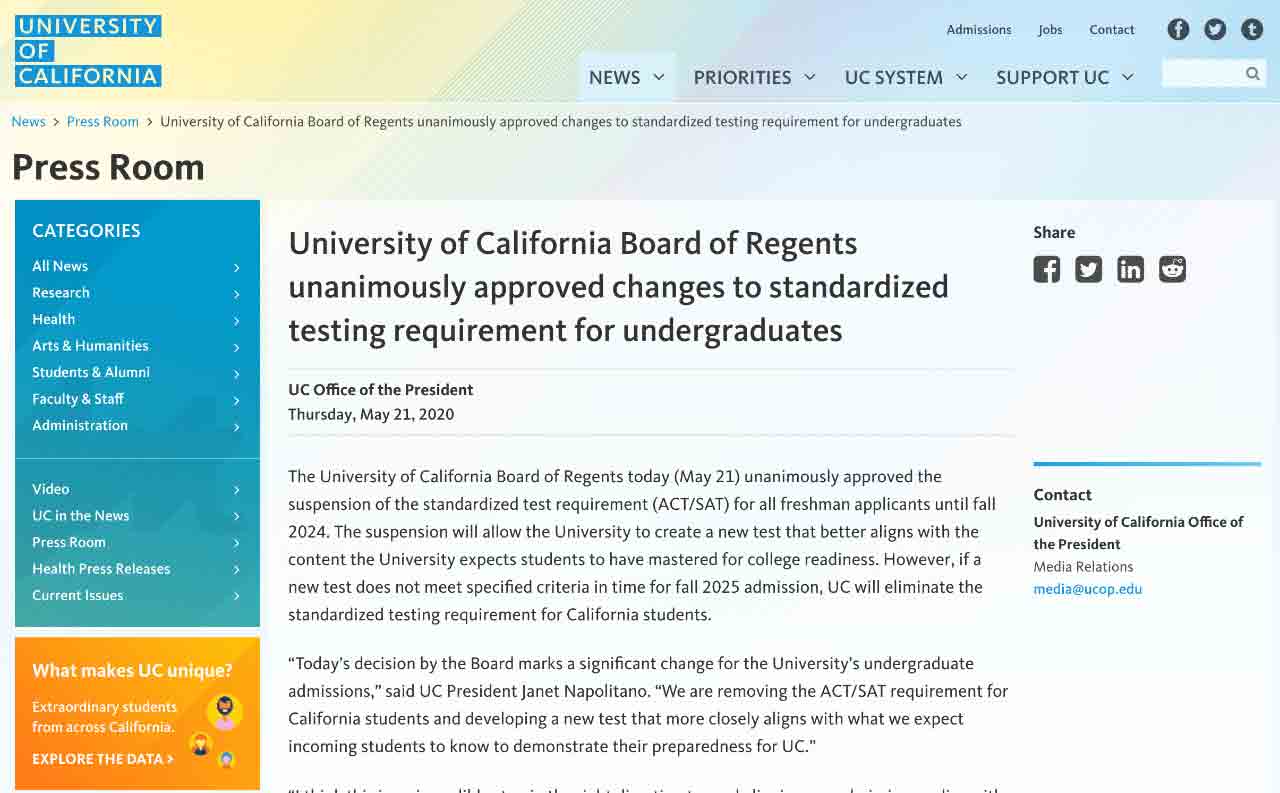 加州大学宣布将逐步停止使用SATACT! 加州大学宣布将逐步停止使用SATACT!
