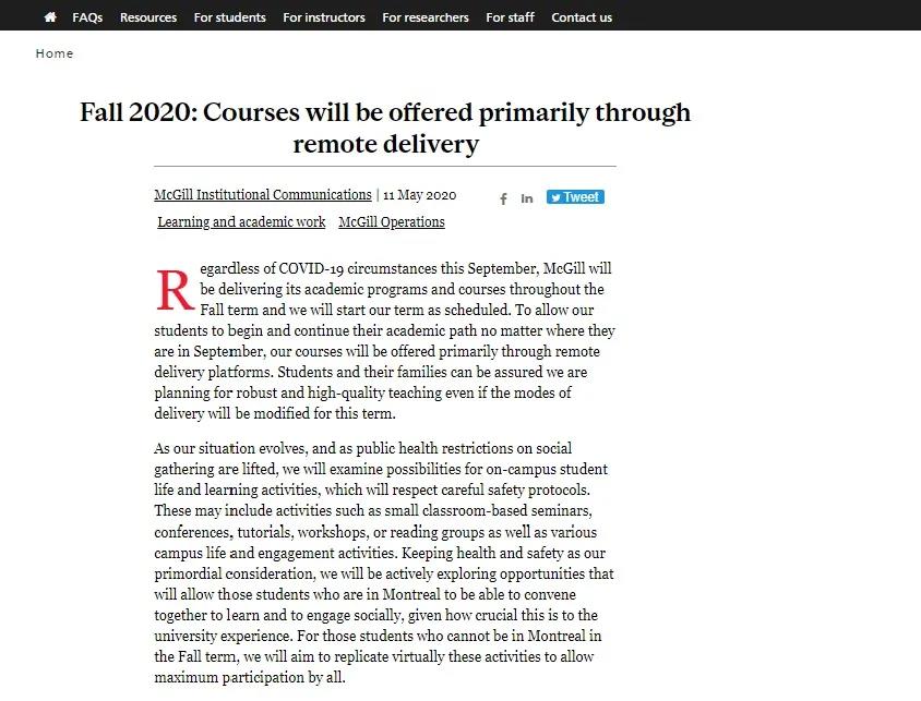 2020秋学期来临!加拿大大学开学具体安排汇总! 2020秋学期来临!加拿大大学开学具体安排汇总!