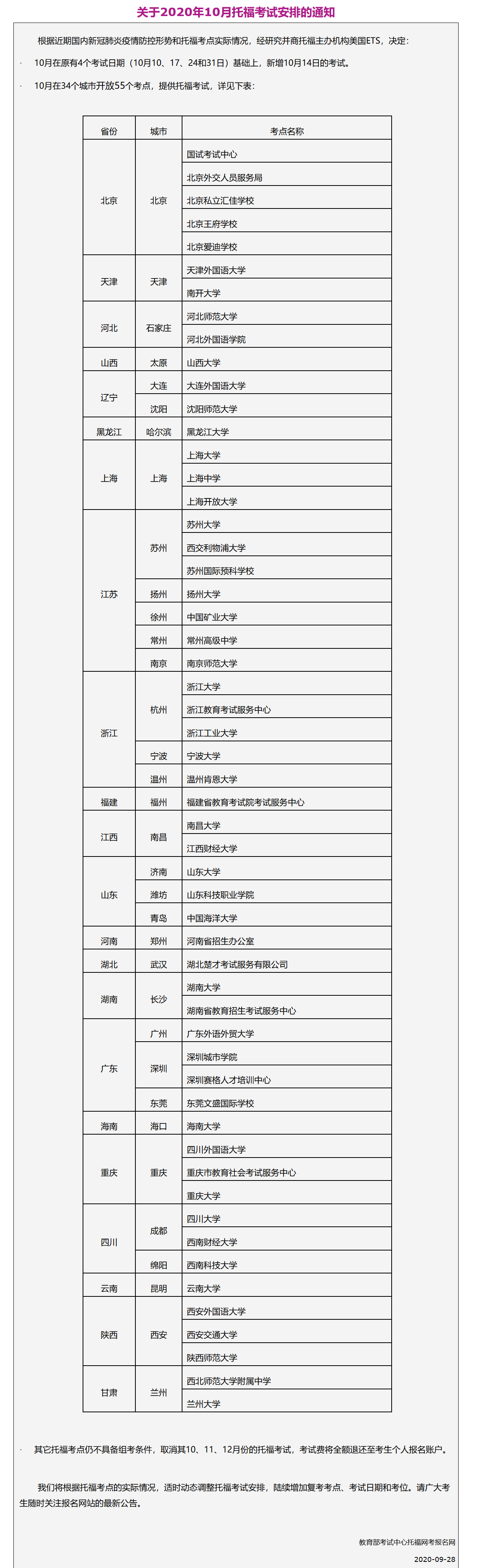10月托福iBT线下最新安排!恢复开放55个托福考点! 10月托福iBT线下最新安排!恢复开放55个托福考点!