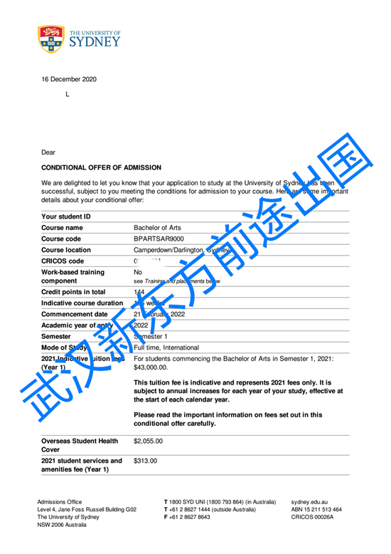 获悉尼大学录取
