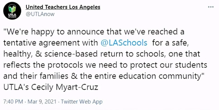 UTLA&LAUSD：洛杉矶学校4月重新开放学校！