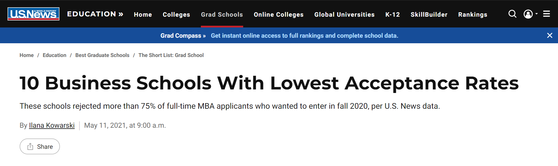 U.S.News发布全美商学院录取难度TOP10！