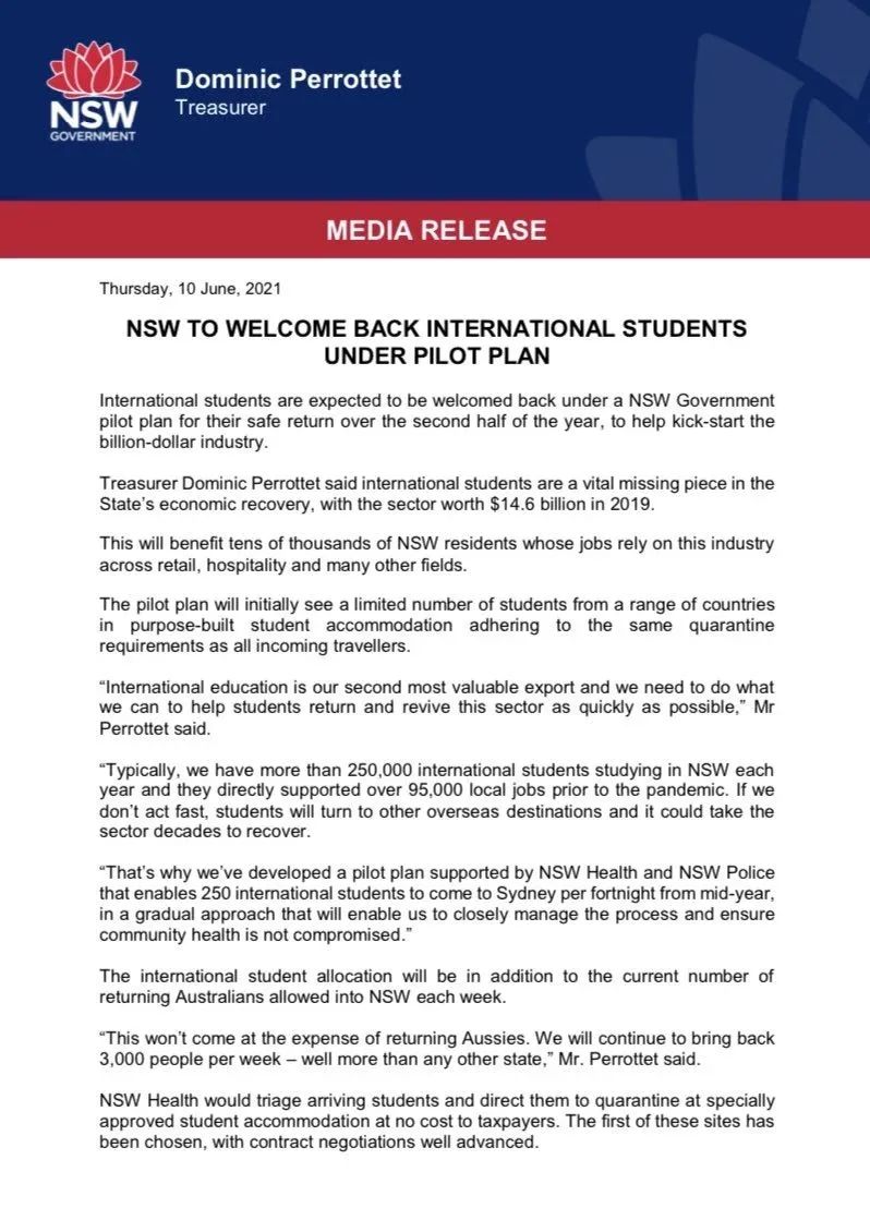 留学生返澳细节官宣!新南威尔士州高校同步更新返澳事宜! 留学生返澳细节官宣!新南威尔士州高校同步更新返澳事宜!