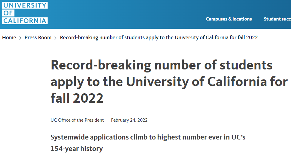 加州大学2022年秋季入学申请人数超21万人!再创新高! 加州大学2022年秋季入学申请人数超21万人!再创新高!