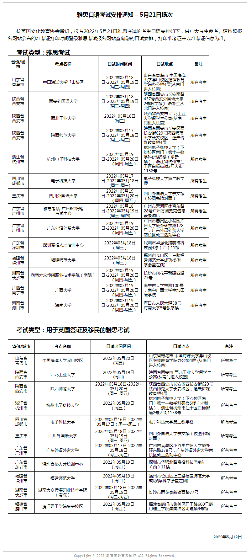【官方】雅思多地新增机考考点,5月21日口语考试安排已出 【官方】雅思多地新增机考考点,5月21日口语考试安排已出