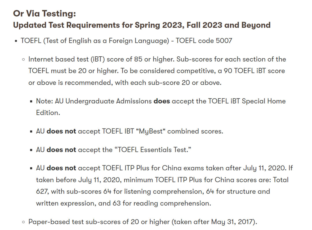 美国排行前100的大学,哪些要求托福单项分数? 美国排行前100的大学,哪些明确要求单项分数?