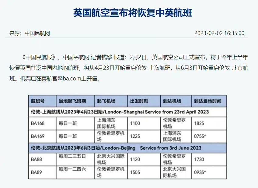 【好消息】官宣!英航恢复中英直飞!每日一班! 【好消息】官宣!英航恢复中英直飞!每日一班!