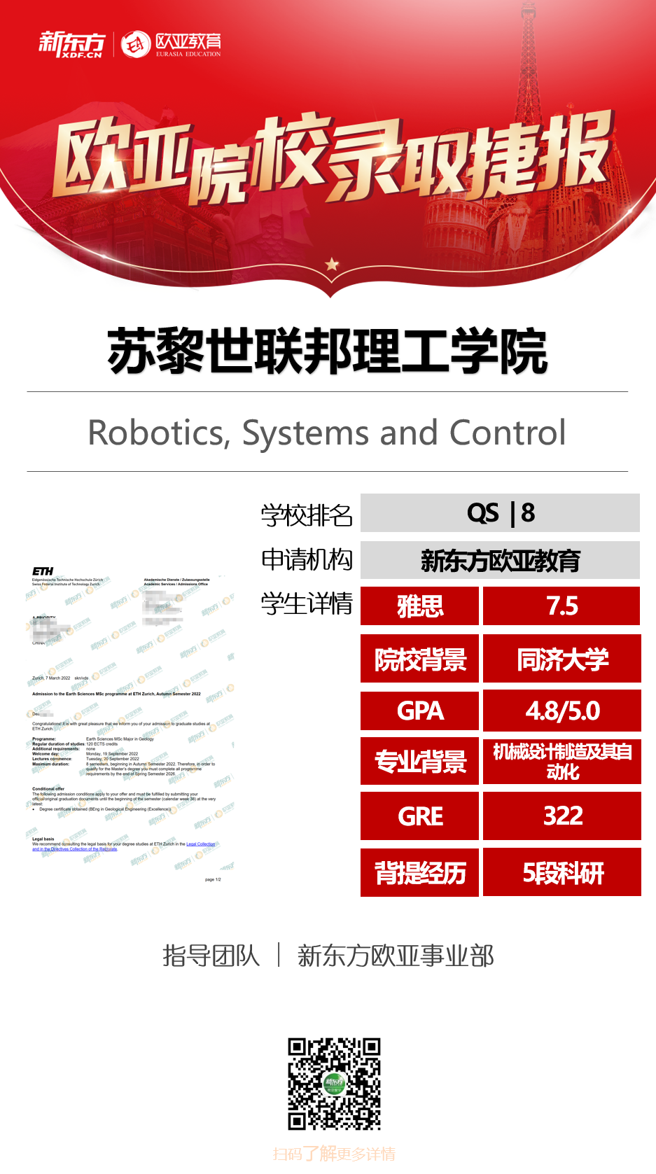捷报!新东方斩获十枚苏黎世联邦理工学院22Fall录取!