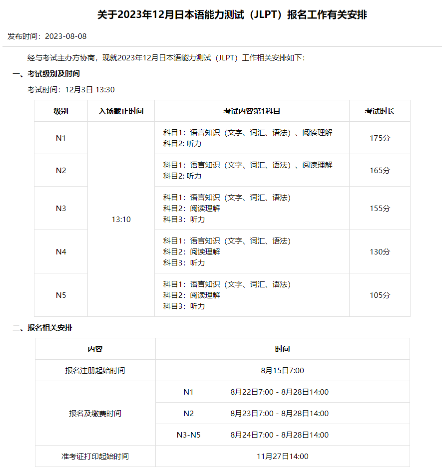 23年12月JLPT能力考将于8.15开放报名注册！