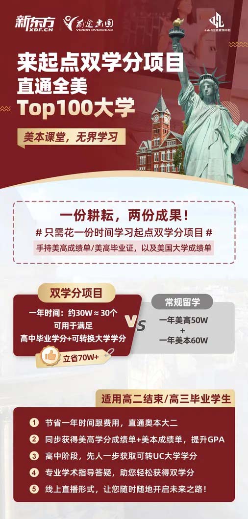 【美国本科】来起点双学分项目 直通全美Top100大学 美本课堂，无界学习