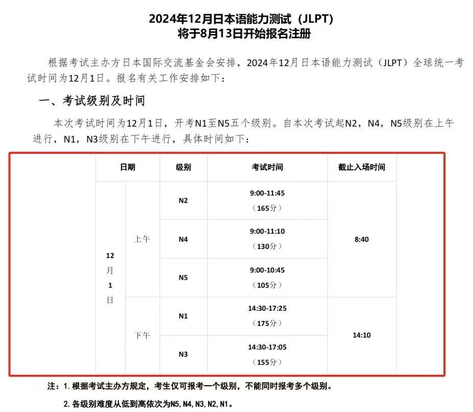 24年12月JLPT考试注册报名时间已出!本次考试时间有变化!