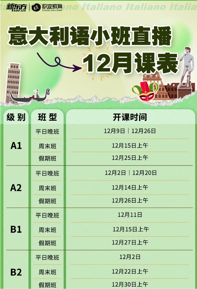 【小语种】12月新东方欧洲各语种线上直播小班课表来啦！