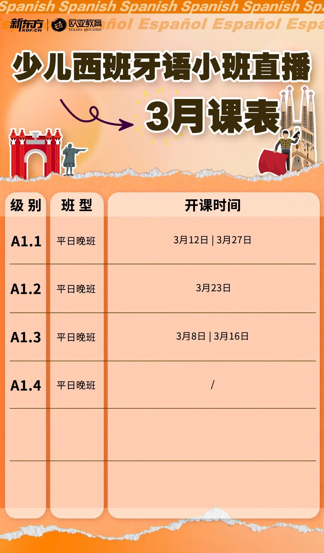 【西班牙语】新东方小语种2025年3月直播课表