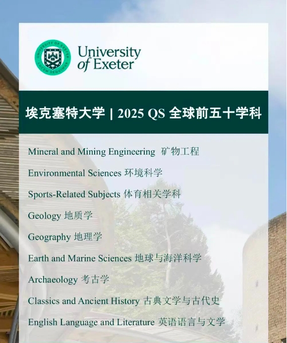【英国】25QS学科排名出炉：埃克塞特大学各专业表现如何？