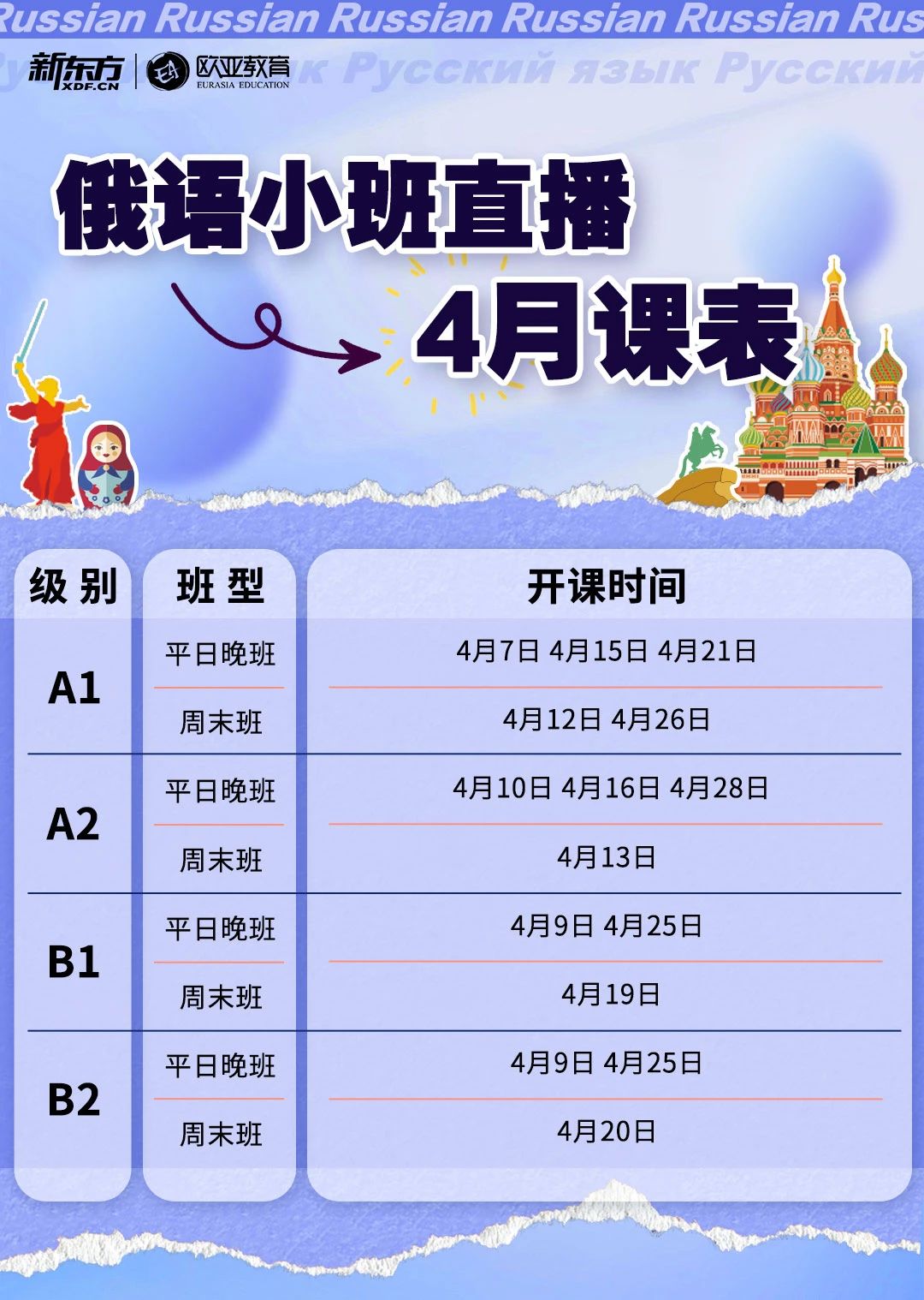 【俄语】新东方小语种2025年4月直播课表