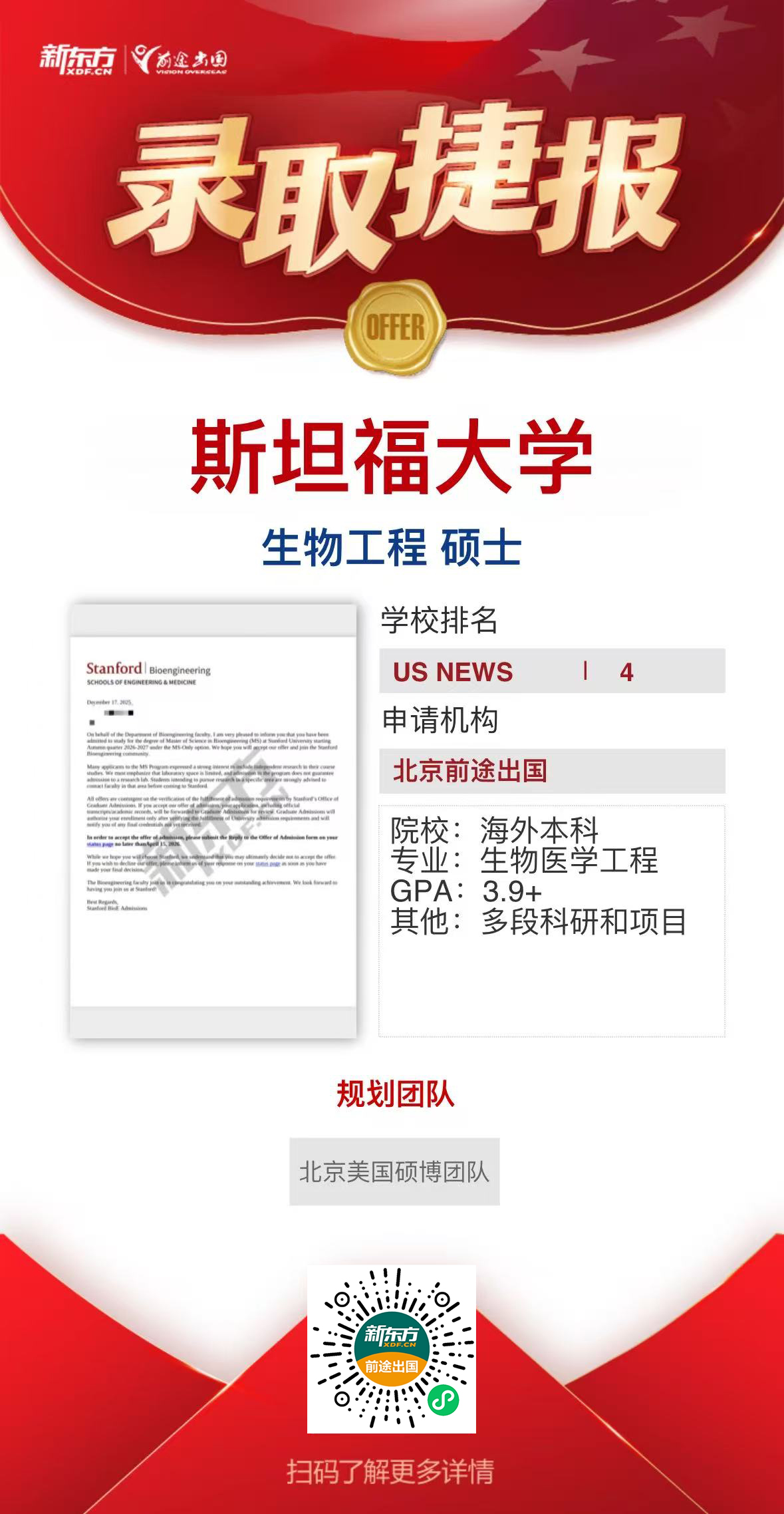 斯坦福生物工程硕士录取+1！今日新增TOP50录取9枚！