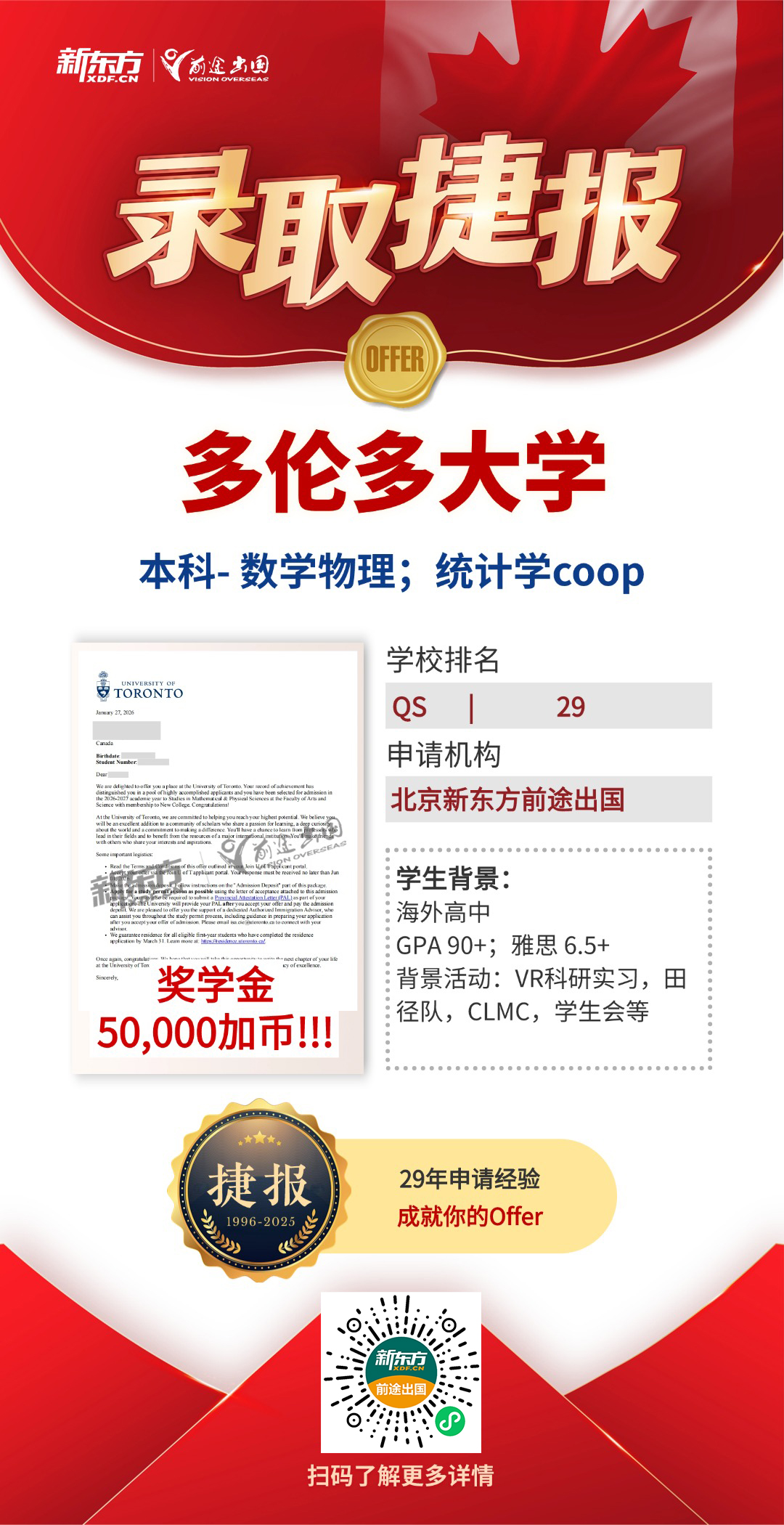 多伦多大学本科录取+72！累计赢得98万加币高额奖学金！