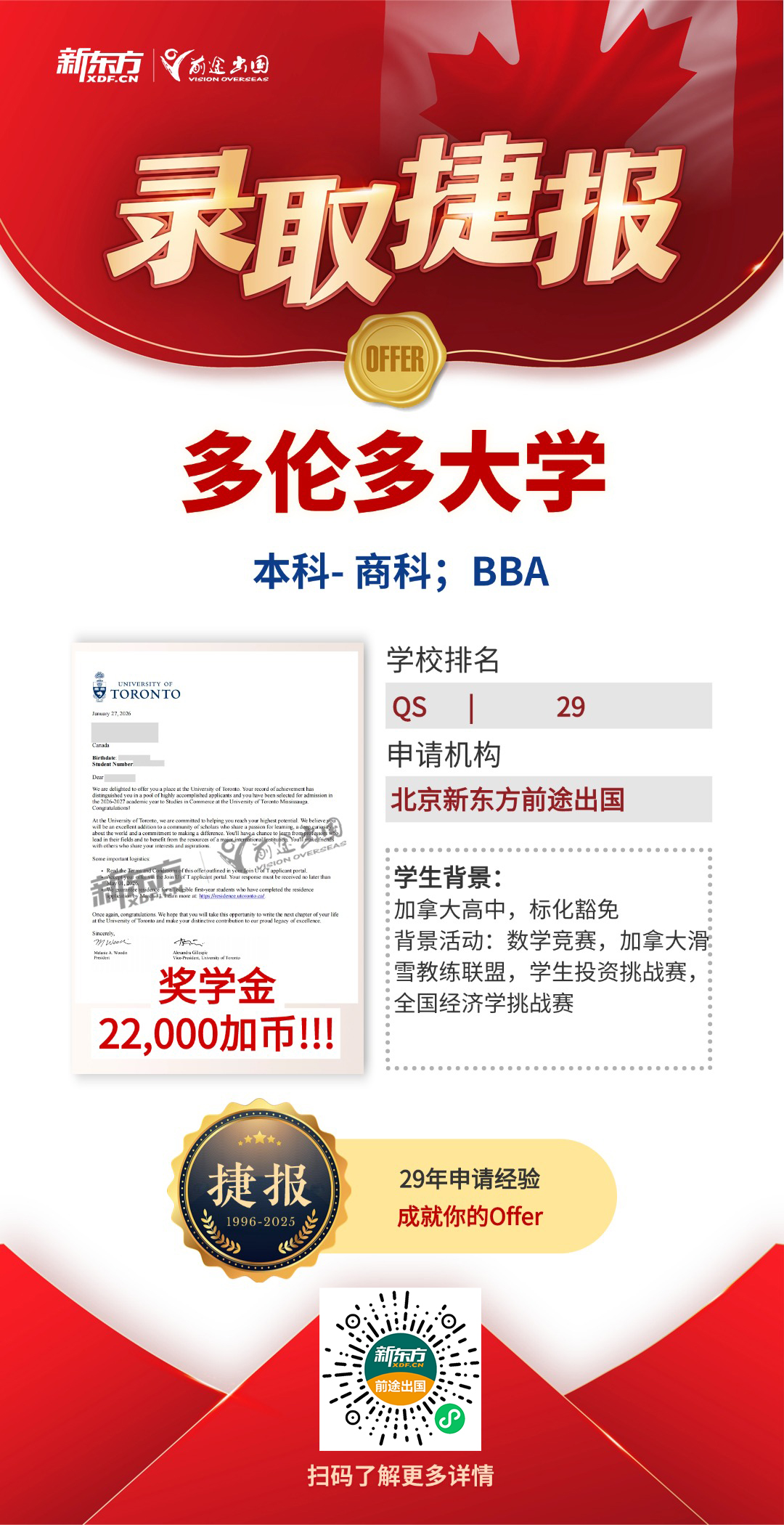 多伦多大学本科录取+72！累计赢得98万加币高额奖学金！