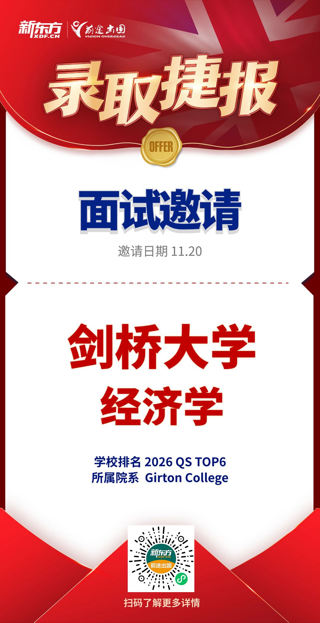 北京英国团队新增剑桥大学经济学专业面邀1枚！