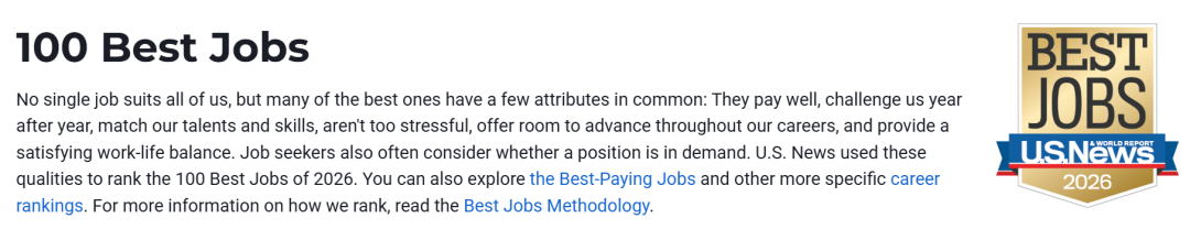2026U.S. News职业排行榜揭晓！这些专业高薪、稳定、前景好！