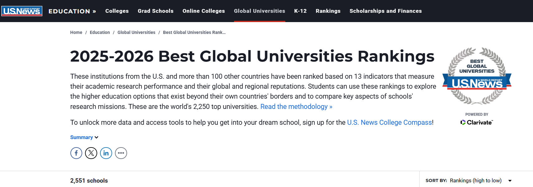 重磅！2025-2026U.S. News世界大学排名发布，英美高校霸榜TOP10！