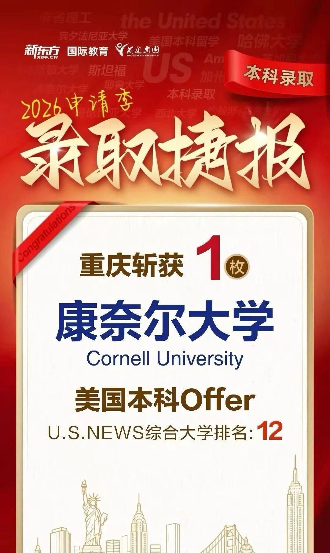 新东方26秋早申录取榜单发布：斩获埃默里/康奈尔重庆唯一录取等名校offer