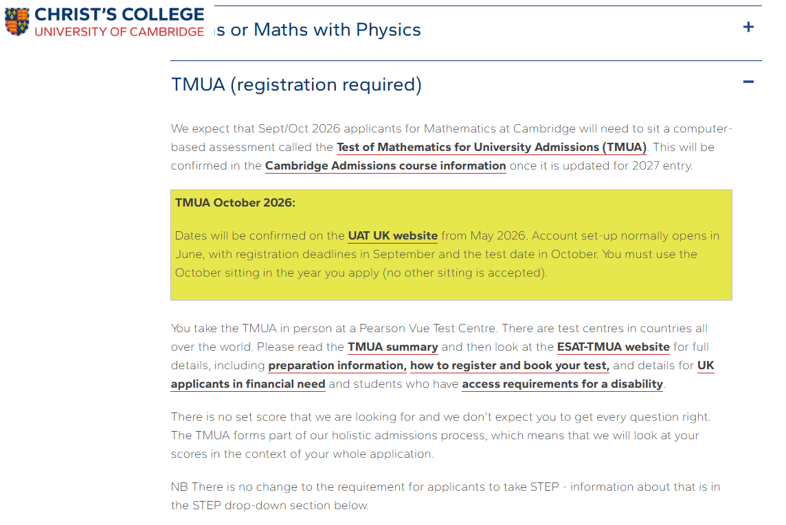 剑桥大学 | Christ's学院增加TMUA考试，2027数学专业申请必看