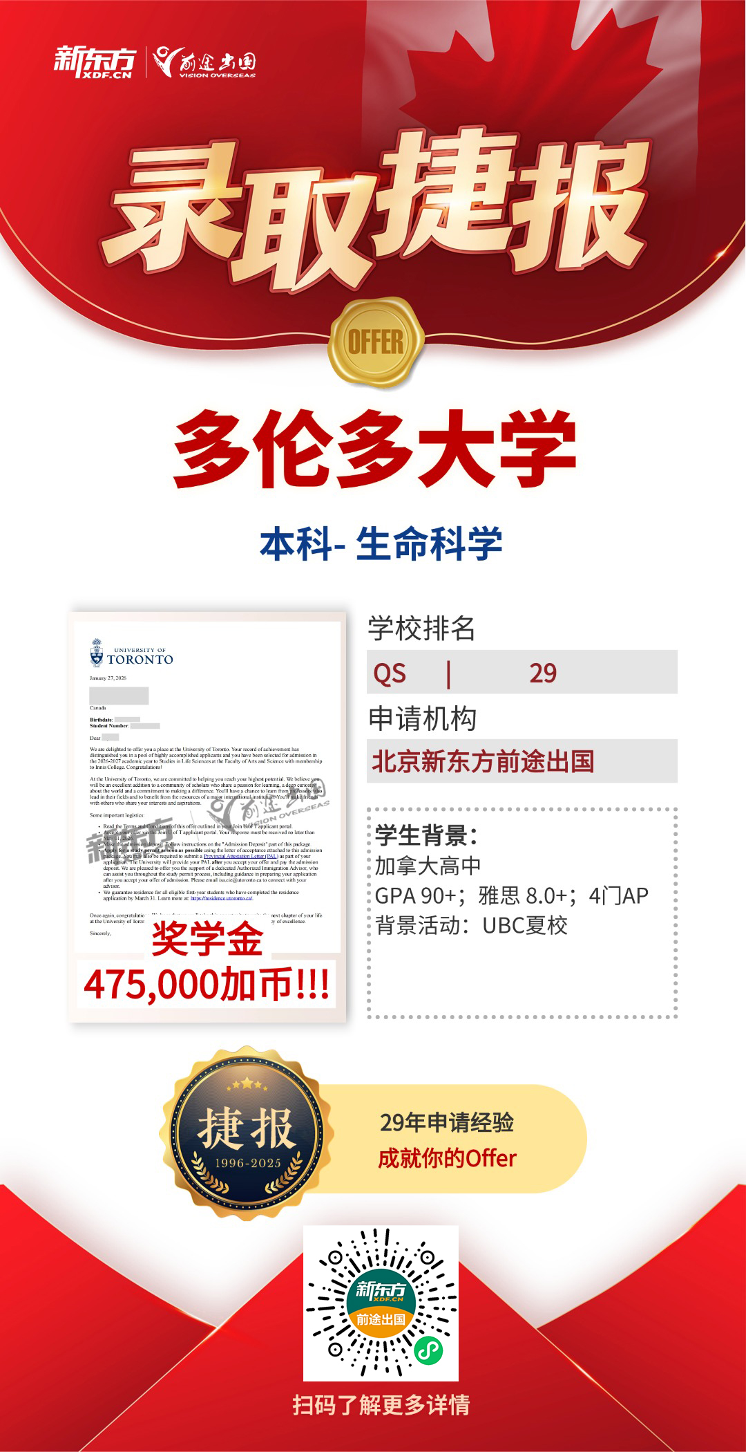 多伦多大学本科录取+72！累计赢得98万加币高额奖学金！