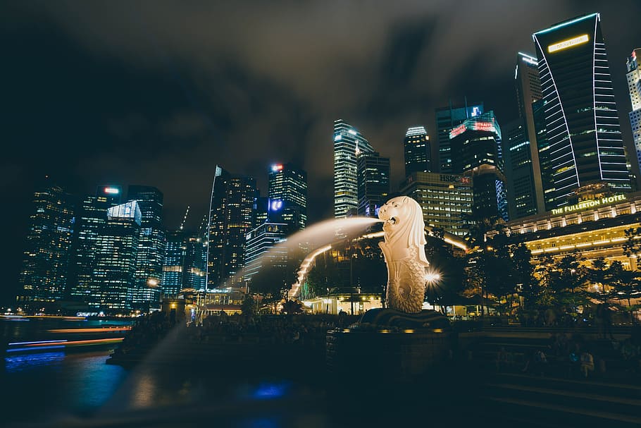 merlion,新加坡, 宗主, 新加坡, 晚, 发光的, 摩天大楼, 鱼尾狮, 结构体, 城市, 龙, 喷泉, 天际线, 市容, 建筑外观, 建筑, 建筑结构, 建造, 办公楼外观, 城市生活, 天空, 现代, 城市天际线, 风景, 一个人, 成人, 自然, 生活方式, 户外, 夜生活, 5K, 免版税, CC0, 公共领域